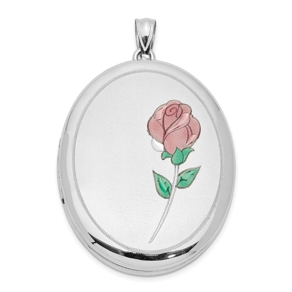 925 Sterling Silver Oval Rose Locket Pendant Charm with Pink Enamel for Women