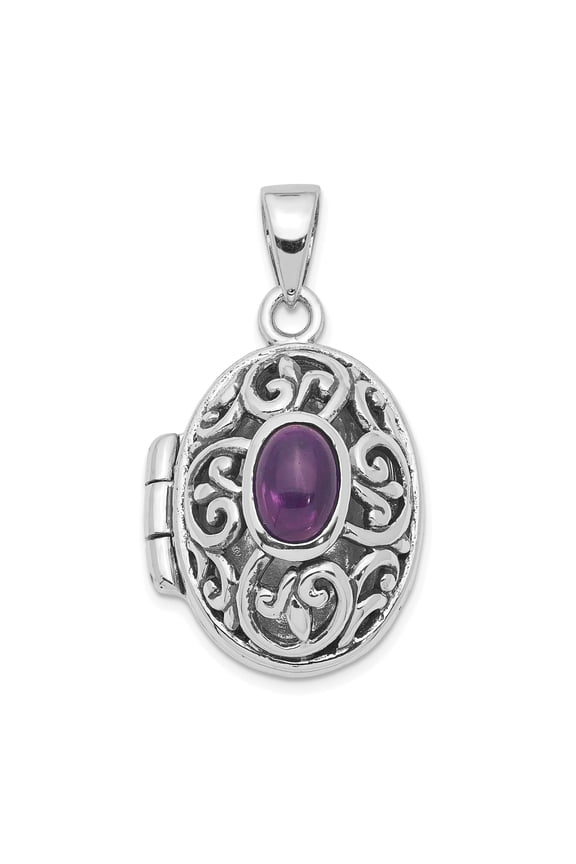 Sterling Silver Oval Locket Necklace for Women with Purple Gemstone, Vintage Filigree Pendant, Ornate Scroll Design, Romantic Keepsake Jewelry, Victorian Style Memory Accessory