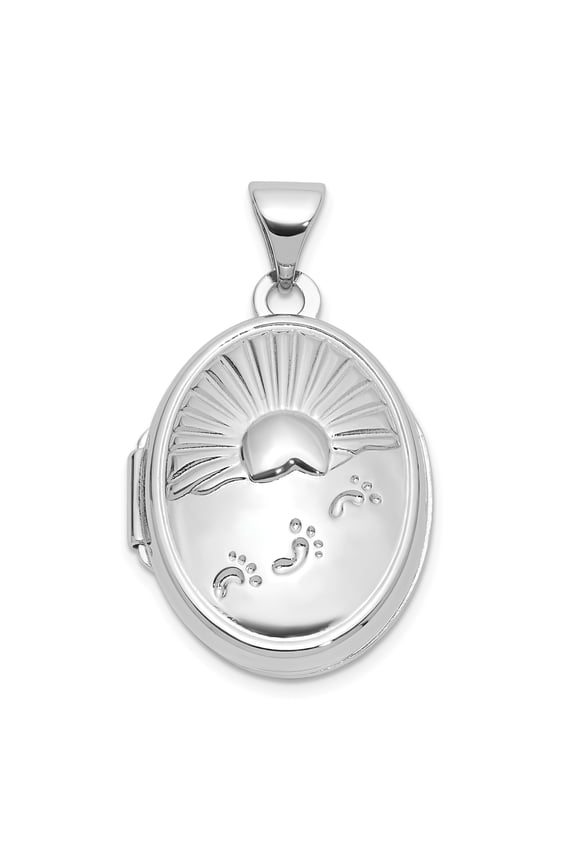 Sterling Silver Oval Locket Necklace for Women with Rising Sun and Footprints, Christian Faith Memorial Spiritual Keepsake, Inspirational Pendant Jewelry