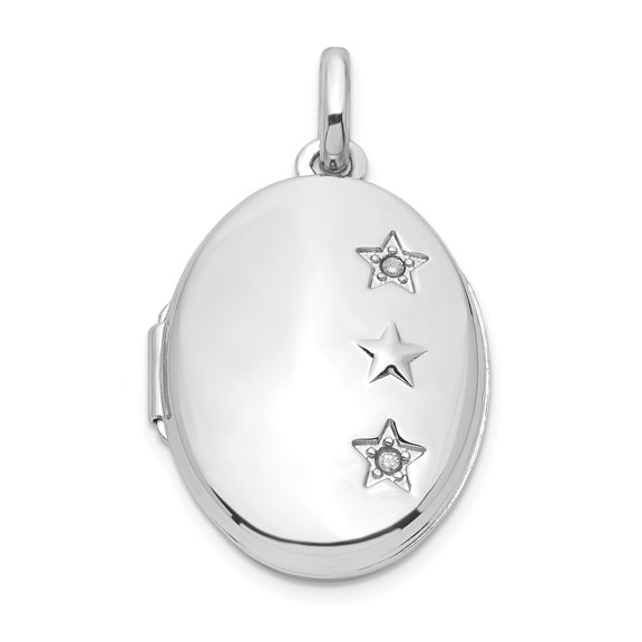 Sterling Silver Oval Locket Pendant Charm with Diamond and Star Accents for Women