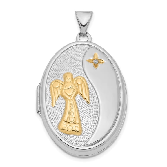 Sterling Silver Oval Locket Pendant Necklace with Gold Tone Angel Heart and Fleur de Lis for Women, Two Tone Religious Jewelry with Faith, Love, and Protection Symbolism