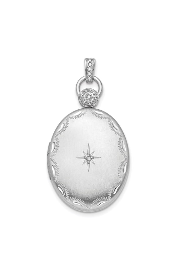 925 Sterling Silver Oval Diamond Accent Locket Pendant Charm, Starburst Floral Design