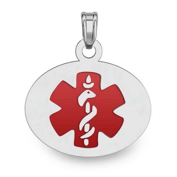 Sterling Silver Oval Medical ID Charm or Pendant W/ Red Enamel - 1 Inch X 3/4 Inch