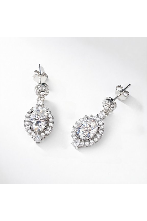 Sterling Silver Oval Moissanite Drop Earrings Halo with Pave Accents for Women Elegant Wedding Party Jewelry Sparkling Moissanite Dangle Earrings