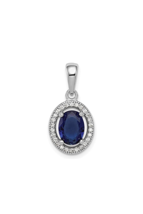 Sterling Silver Oval Pendant Necklace with Sapphire Tone Center Stone and Clear Halo Accents for Women, Elegant Formal Jewelry Statement Chain