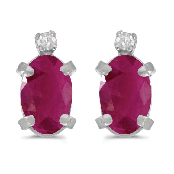 Sterling Silver Oval Ruby and Diamond Earrings
