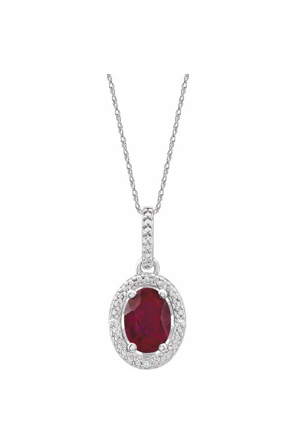 Sterling Silver Oval Shape Lab-Grown Ruby and .01 cttw Diamond Halo-Style Necklace Fine Jewelry for Women Gifts for Her (12.4x8.5mm, H-J, I3), 18"