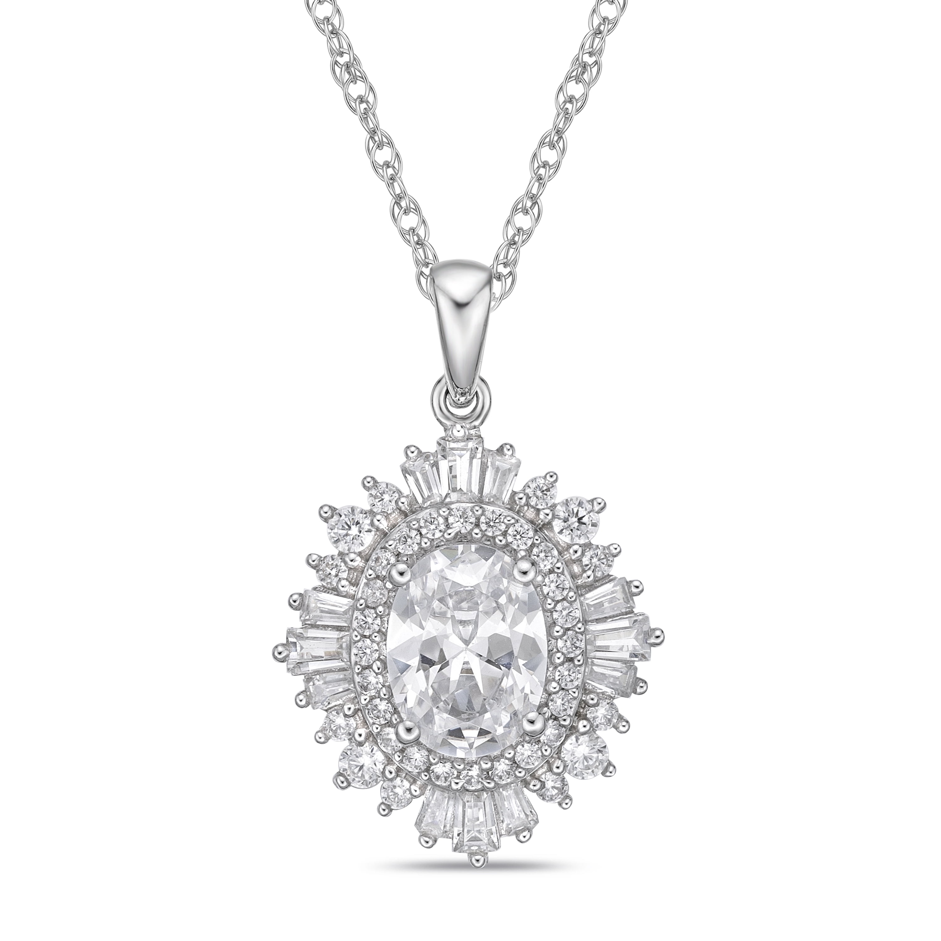 Sterling Silver Oval Simulated Diamond Pendant with Chain, 18"
