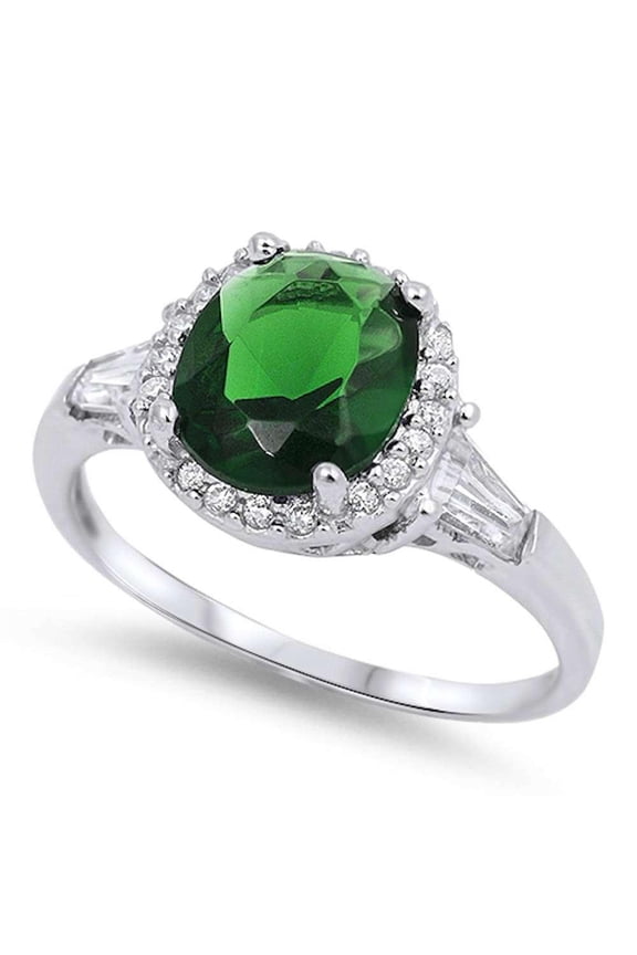 Sterling Silver Oval Synthetic Emerald Clear Baguette CZ Bridal Ring Sizes 6