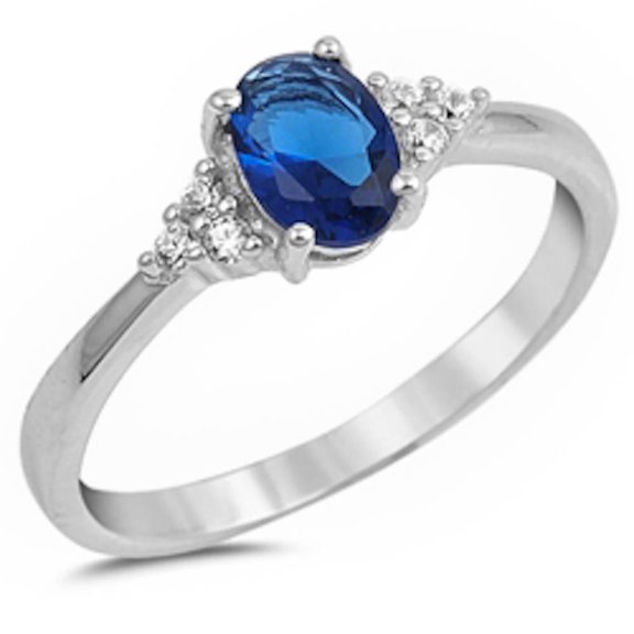 Sterling Silver Oval Synthetic Sapphire CZ Classic Ring Size 8