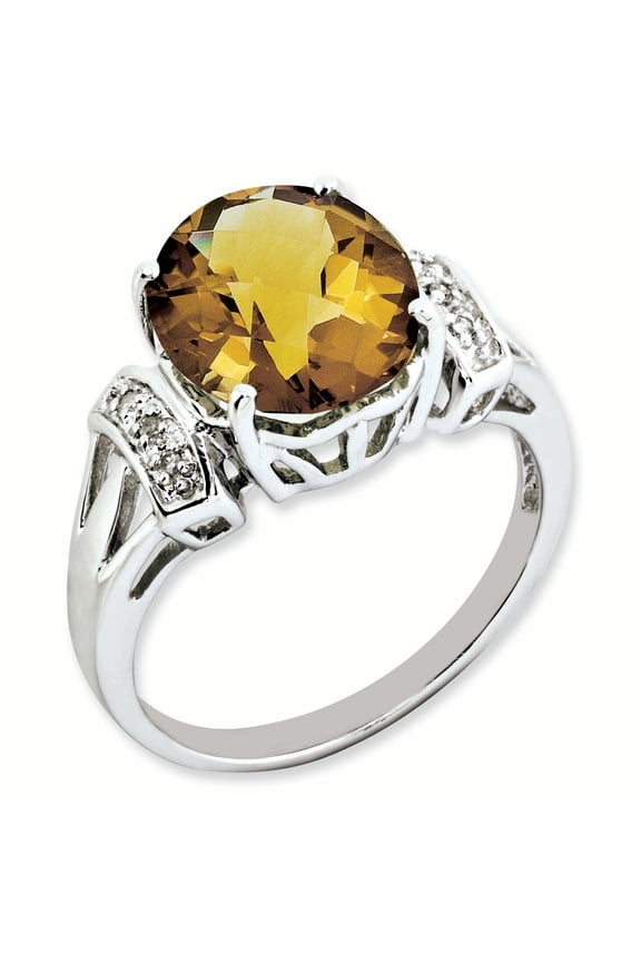 Sterling Silver Oval Whiskey Quartz & Diamond Ring
