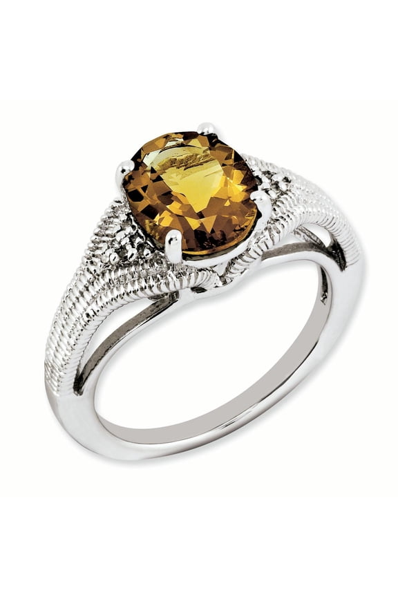 Sterling Silver Oval Whiskey Quartz & Diamond Ring