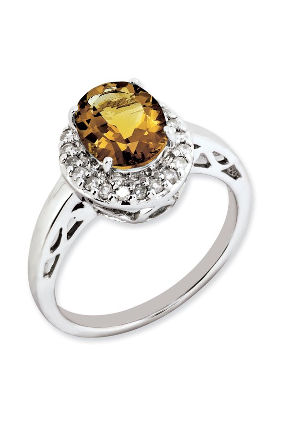 Sterling Silver Oval Whiskey Quartz & Diamond Ring