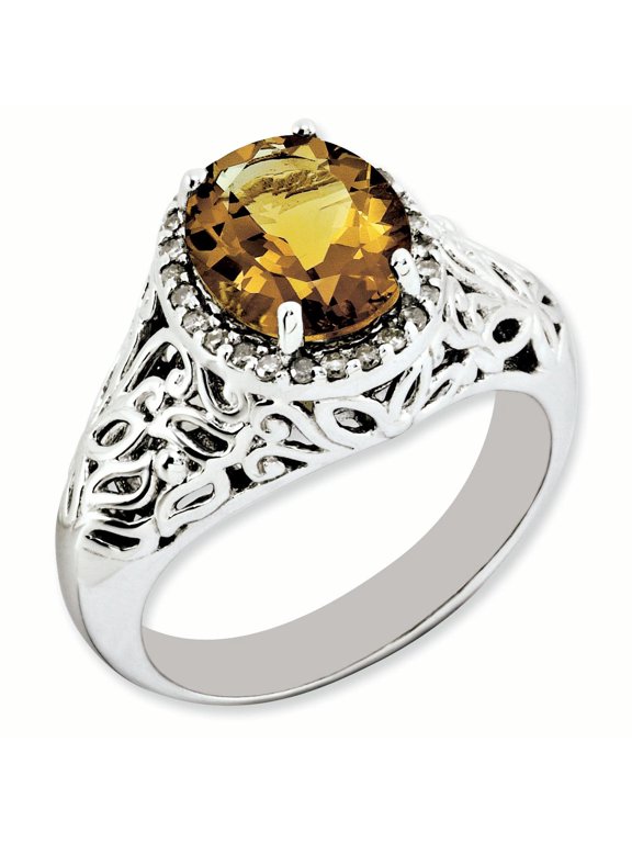 Sterling Silver Oval Whisky Quartz & Diamond Ring