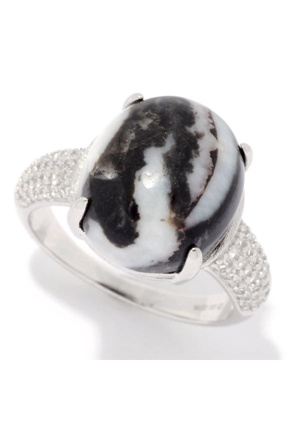 Sterling Silver Oval White Buffalo Calcite Quartz & White Topaz Ring