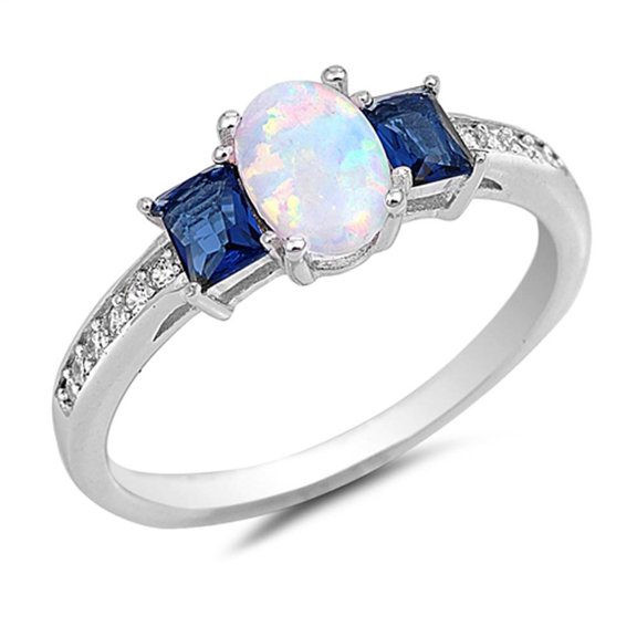 Sterling Silver Oval White Synthetic Opal & Blue CZ Center Ring Size 8