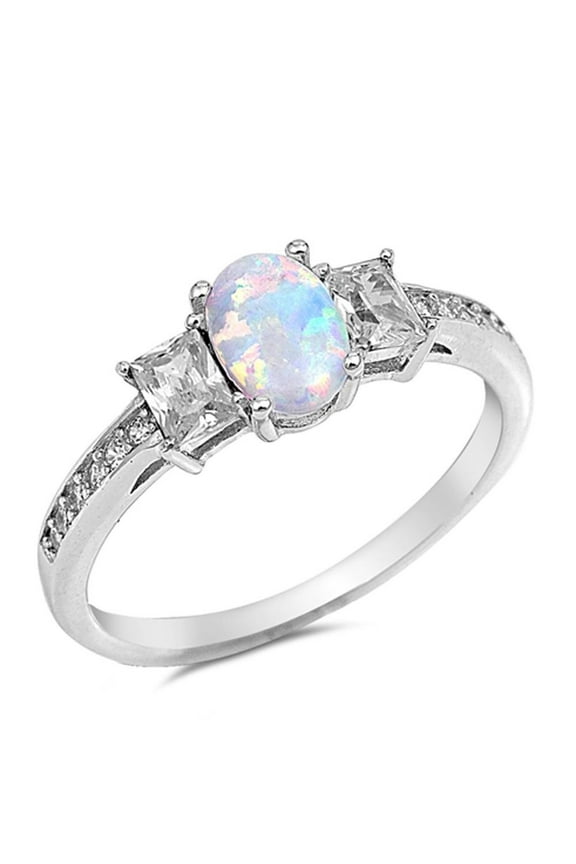 Sterling Silver Oval White Synthetic Opal & Clear CZ Center Ring Sizes 9