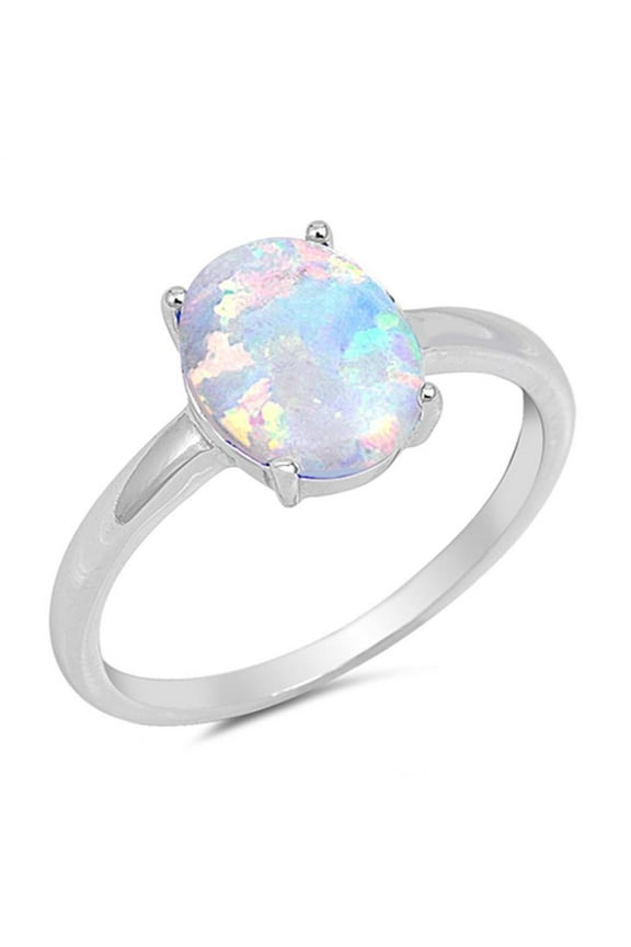 Sterling Silver Oval White Synthetic Opal Simple Band Ring Size 7