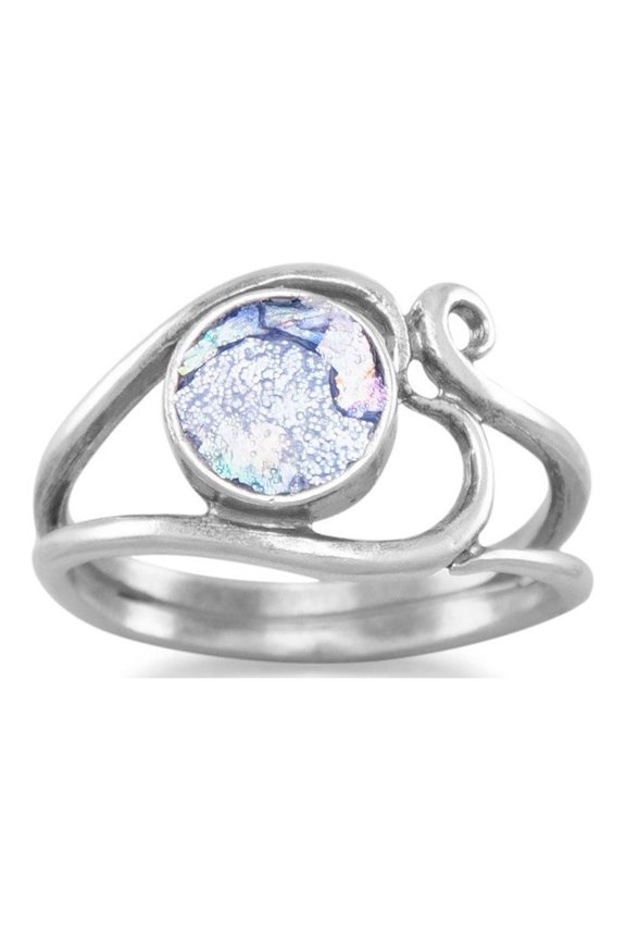 Sterling Silver Oxidized Ancient Roman Glass Ring With Heart Design 3.3mm Wide Band - Size 8