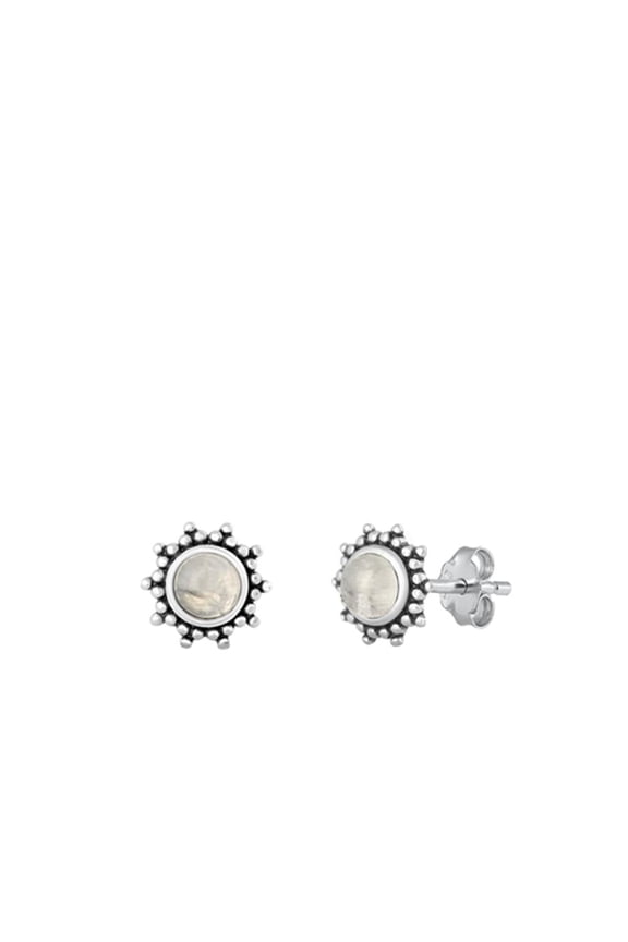 Sterling Silver Oxidized Bali Moonstone Round Stud Earrings .925 New Jewelry Female Unisex