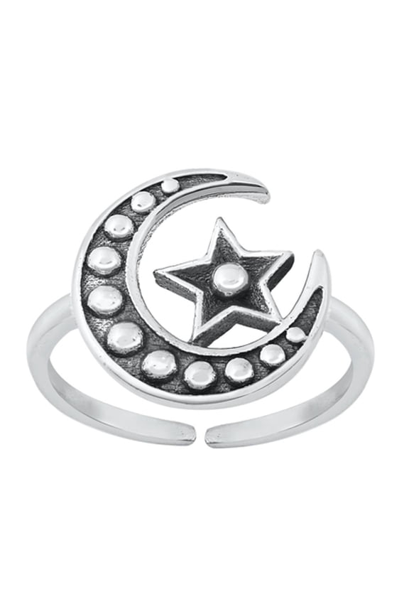 Sterling Silver Oxidized Bali Star Moon Toe Ring Adjustable Midi Band 925 Jewelry Female Unisex