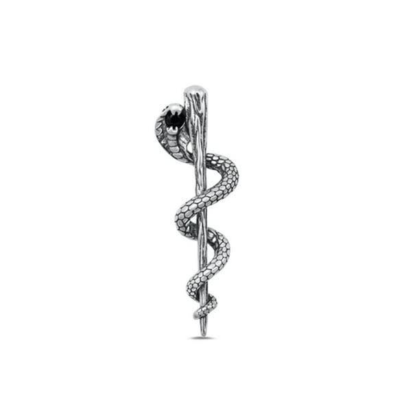 Sterling Silver Oxidized Cobra Snake Serpent on a Staff Pendant .925 New Jewelry Female Unisex