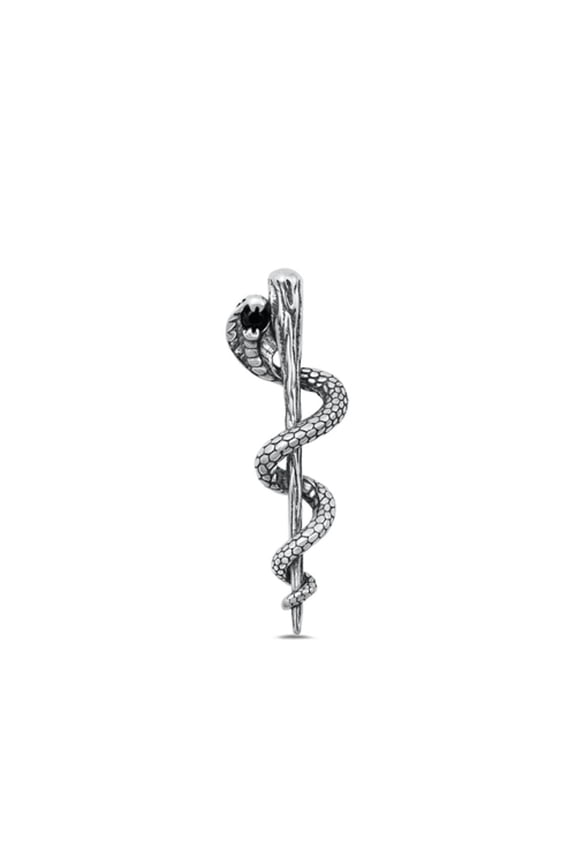 Sterling Silver Oxidized Cobra Snake Serpent on a Staff Pendant .925 New Jewelry Female Unisex
