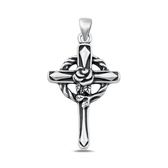Sterling Silver Oxidized Cross W/Rose Flower Pendant .925 New Jewelry Female Unisex