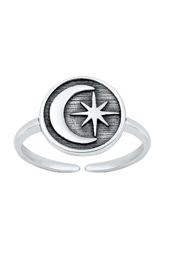 Sterling Silver Oxidized Moon Star Toe Ring Adjustable Midi Band 925 New Jewelry Female Unisex