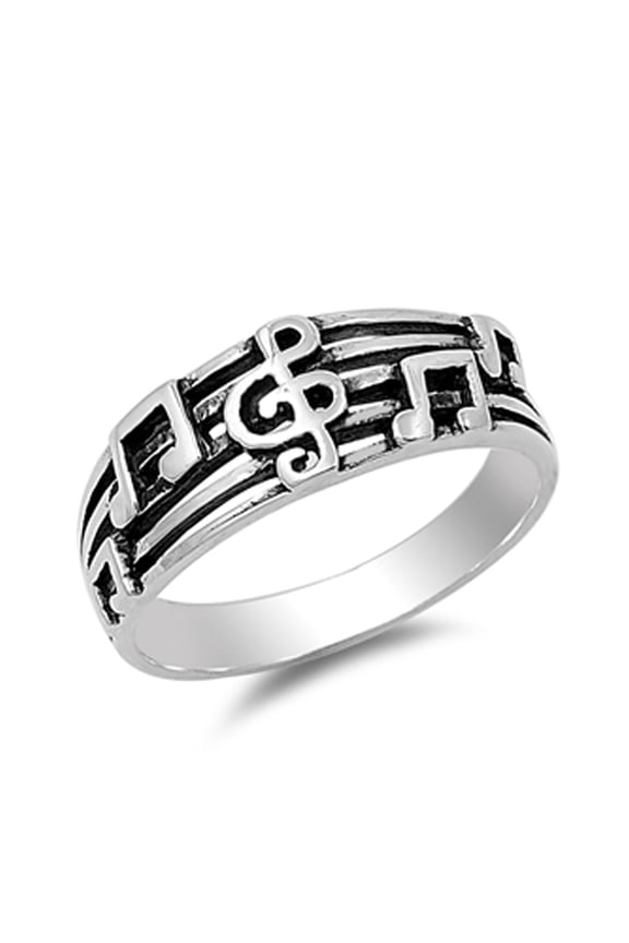 Sterling Silver Oxidized Music Notes Ring 8mm ( Size 4 to 10)