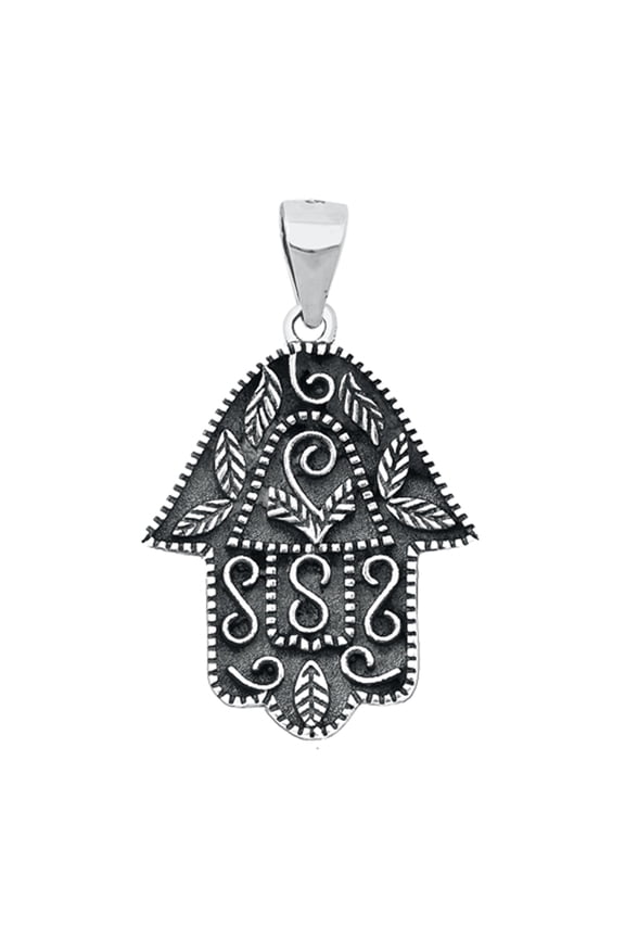 Sterling Silver Oxidized Ornate Hamsa Pendant Strong Hand of God Charm 925 New Jewelry Female Unisex
