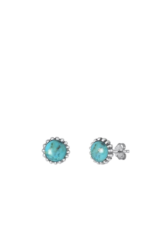 Sterling Silver Oxidized Simulated Turquoise Round Stud Earrings .925 New Jewelry Female Unisex