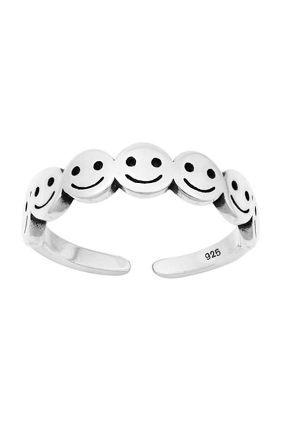 Sterling Silver Oxidized Smiley Face Toe Midi Ring Adjustable Band .925 New Jewelry Female Unisex