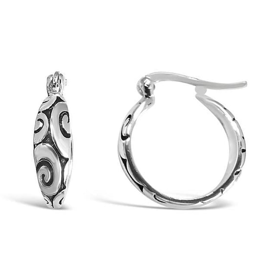 Sterling Silver Oxidized Wavy Pattern Hoop Earring with Latch