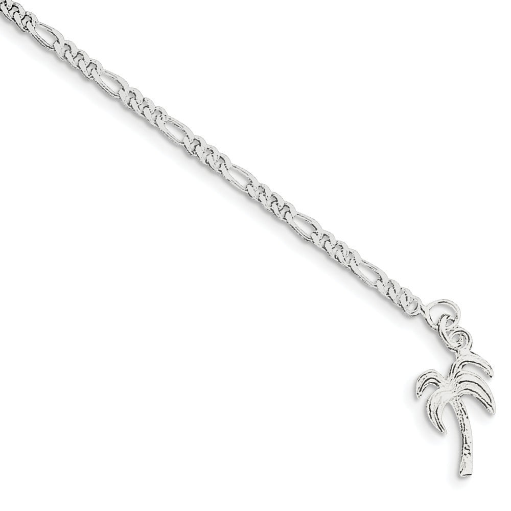Sterling Silver Palm Tree Anklet - 4.8 Grams - 9 Inch - Spring Ring - Measures 12mm Wide