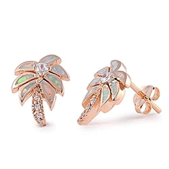 Sterling Silver Palm Tree Lab Opal Earrings On Posts