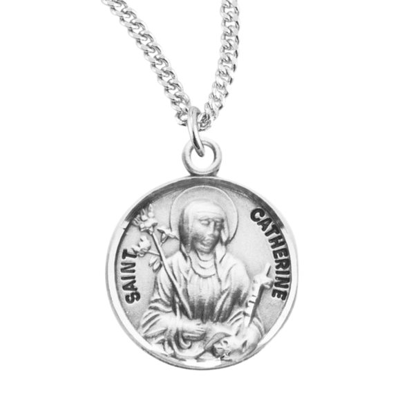 Sterling Silver Patron Saint St.Catherine Medal Pendant Necklace in 18 Inch Rhodium Plated Stainless Steel Chain -Deluxe Velvet Gift Box - Made in USA