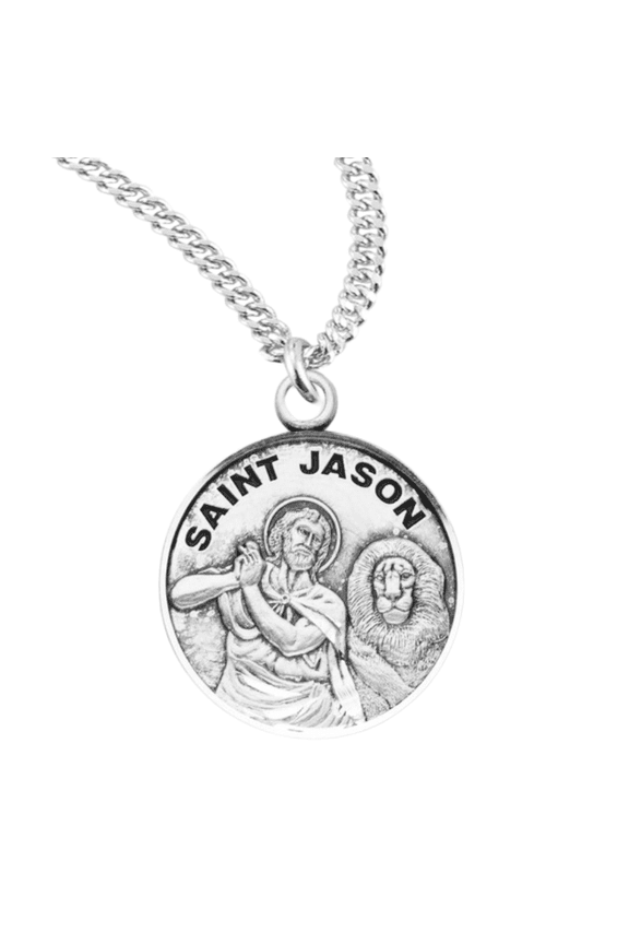 Sterling Silver Patron Saint St.Jason Medal Pendant Necklace in 20 Inch Rhodium Plated Stainless Steel Chain, Deluxe Velvet Gift Box - Made in USA