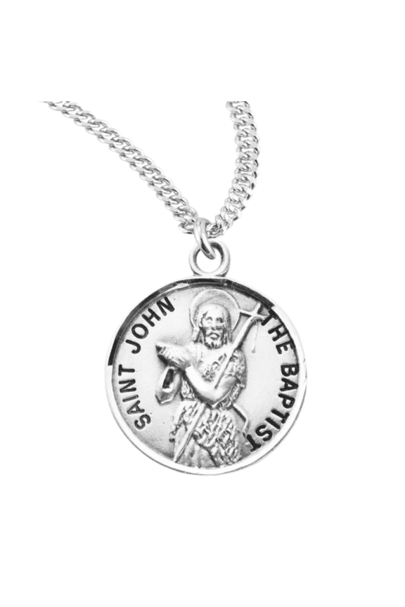 Sterling Silver Patron Saint St.John the Baptist Medal Pendant Necklace in 20 Inch Rhodium Plated Stainless Steel Chain, Deluxe Velvet Gift Box - Made in USA