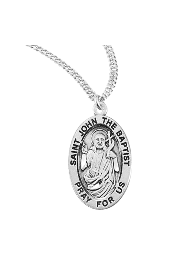 Sterling Silver Patron Saint St.John the Baptist Medal Pendant Necklace in 20 inch Rhodium Plated Stainless Steel Chain -Deluxe Velvet Gift Box - Made in USA