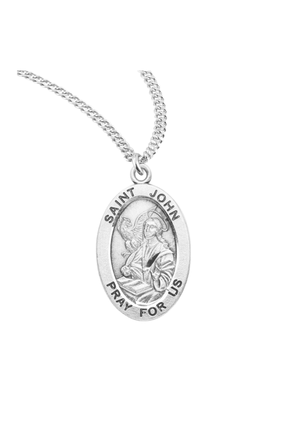Sterling Silver Patron Saint St.John the Evangelist Medal Pendant Necklace in 20 inch Rhodium Plated Stainless Steel Chain -Deluxe Velvet Gift Box - Made in USA
