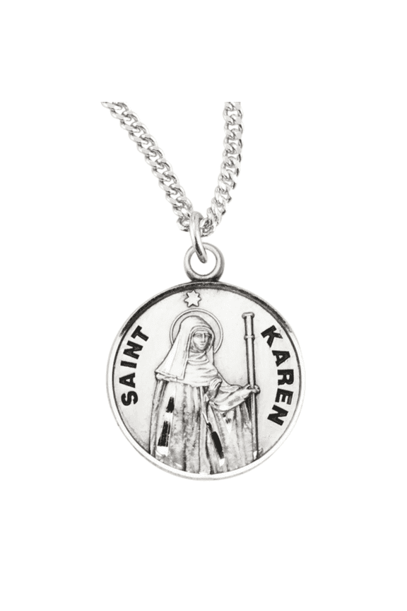 Sterling Silver Patron Saint St.Karen Medal Pendant Necklace in 18 Inch Rhodium Plated Stainless Steel Chain, Deluxe Velvet Gift Box - Made in USA