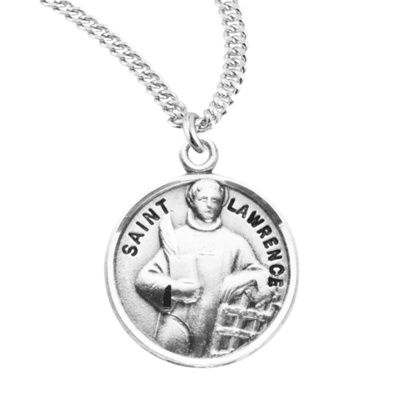 Sterling Silver Patron Saint St.Lawrence Medal Pendant Necklace in 20 Inch Rhodium Plated Stainless Steel Chain Necklace, Made in USA, Deluxe Velvet Gift Box