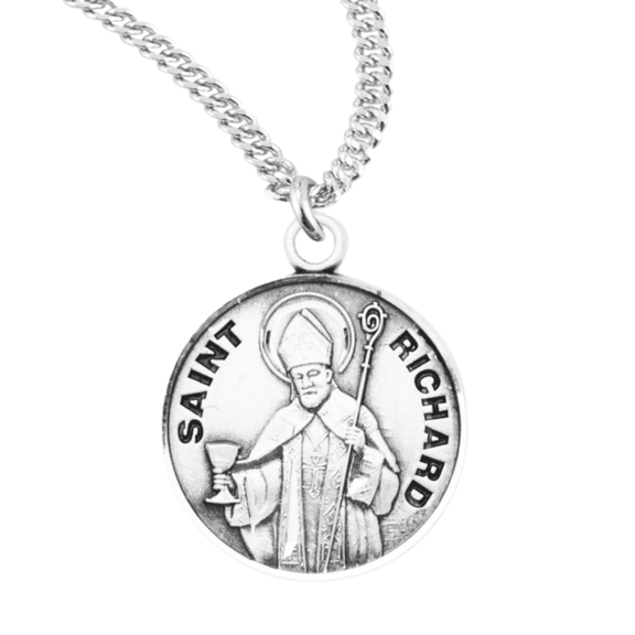 Sterling Silver Patron Saint St.Richard Medal Pendant Necklace in 20 Inch Rhodium Plated Stainless Steel Chain, Deluxe Velvet Gift Box - Made in USA