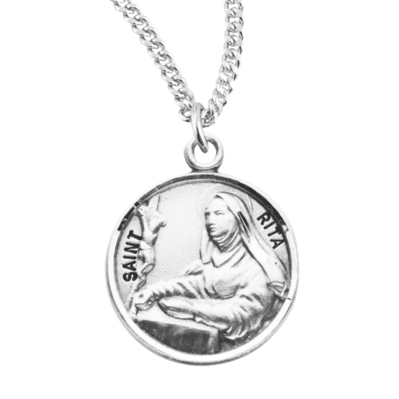 Sterling Silver Patron Saint St.Rita Medal Pendant Necklace in 18 Inch Rhodium Plated Stainless Steel Chain, Deluxe Velvet Gift Box - Made in USA