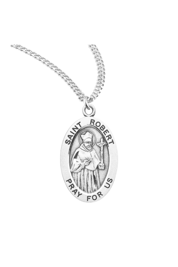 Sterling Silver Patron Saint St.Robert Medal Pendant Necklace in 20 inch Rhodium Plated Stainless Steel Chain, Deluxe Velvet Gift Box - Made in USA