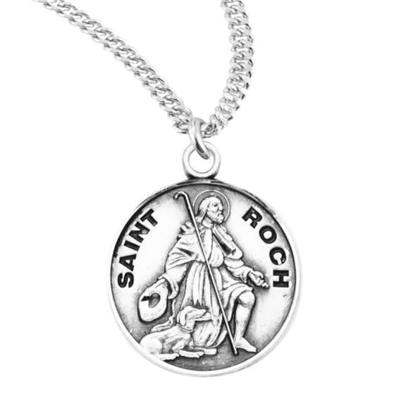 Sterling Silver Patron Saint St.Roch Medal Pendant Necklace in 20 Inch Rhodium Plated Stainless Steel Chain, Deluxe Velvet Gift Box - Made in USA