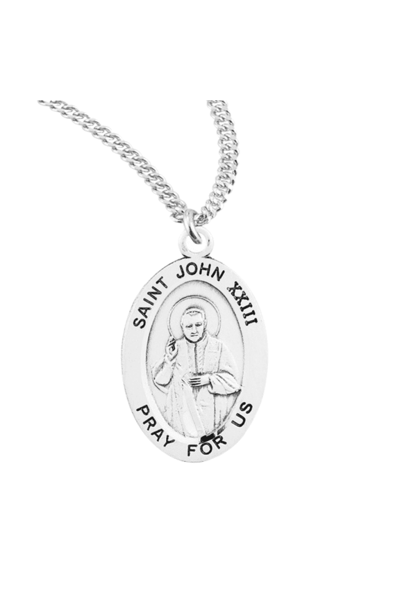 Sterling Silver Patron Saint St.Saint John XXIII Medal Pendant Necklace in 20 inch Rhodium Plated Stainless Steel Chain, Deluxe Velvet Gift Box - Made in USA