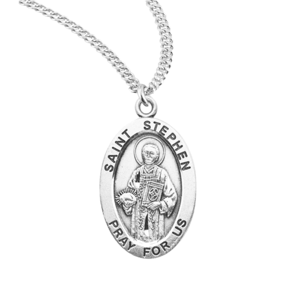Sterling Silver Patron Saint St.Saint Stephen Medal Pendant Necklace in 20 inch Rhodium Plated Stainless Steel Chain, Deluxe Velvet Gift Box - Made in USA