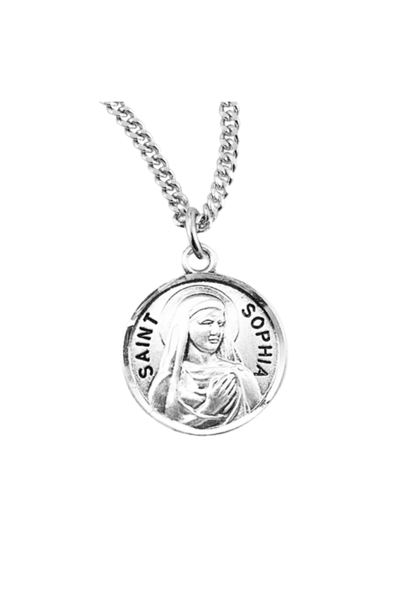 Sterling Silver Patron Saint St.Sophia Medal Pendant Necklace in 18 Inch Rhodium Plated Stainless Steel Chain, Deluxe Velvet Gift Box - Made in USA